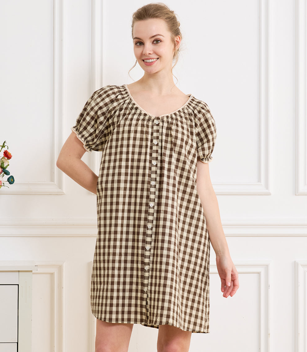Women's Gingham Cotton Puff Sleeve Midi House Dress with Pockets