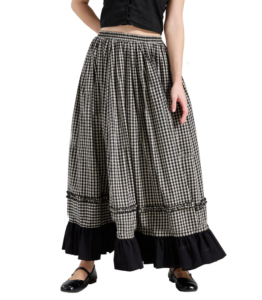 Women's Vintage A-Line Ruffle Skirt Black White Gingham 100% Cotton