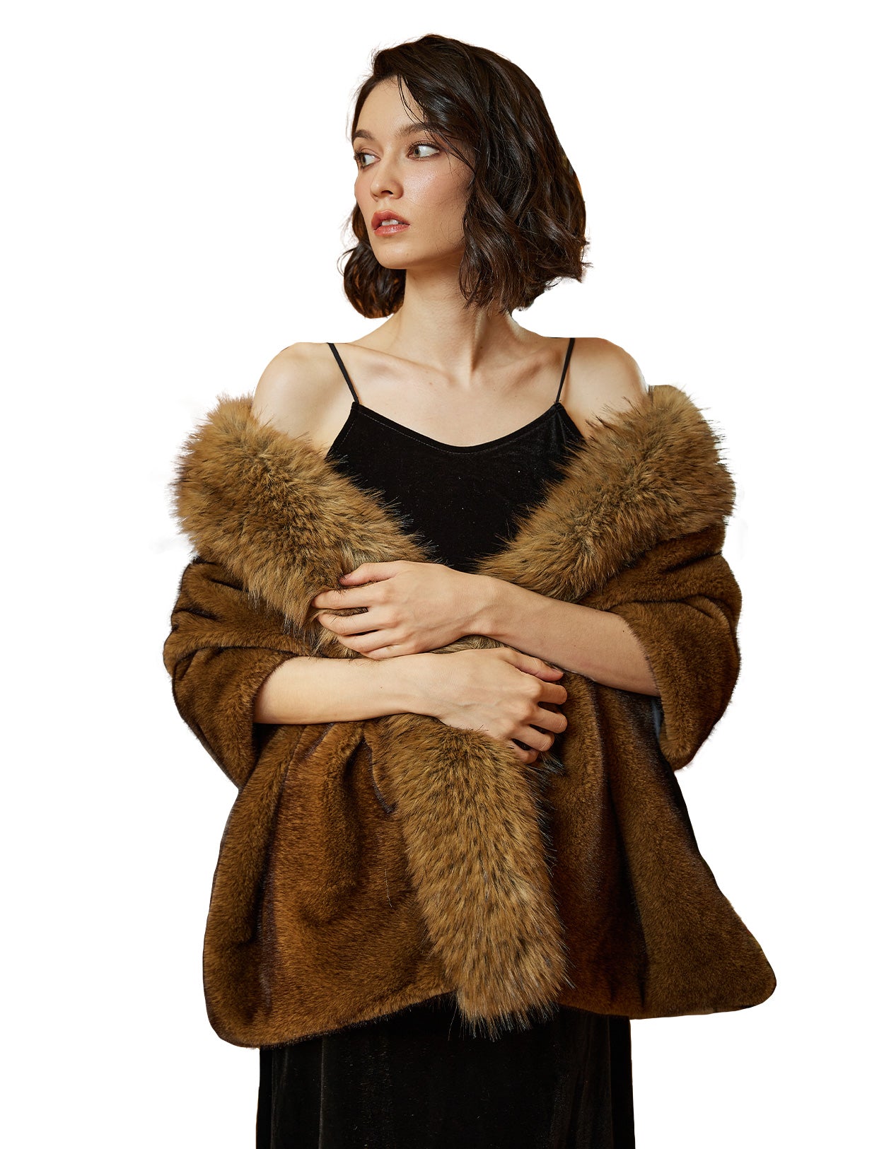 Estola de boda de lujo con ribete de piel sintética de visón y zorro