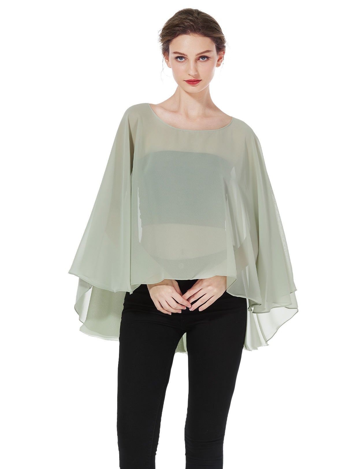 Romantischer Chiffon-Hochzeitsponcho & Cape in Salbeigrün