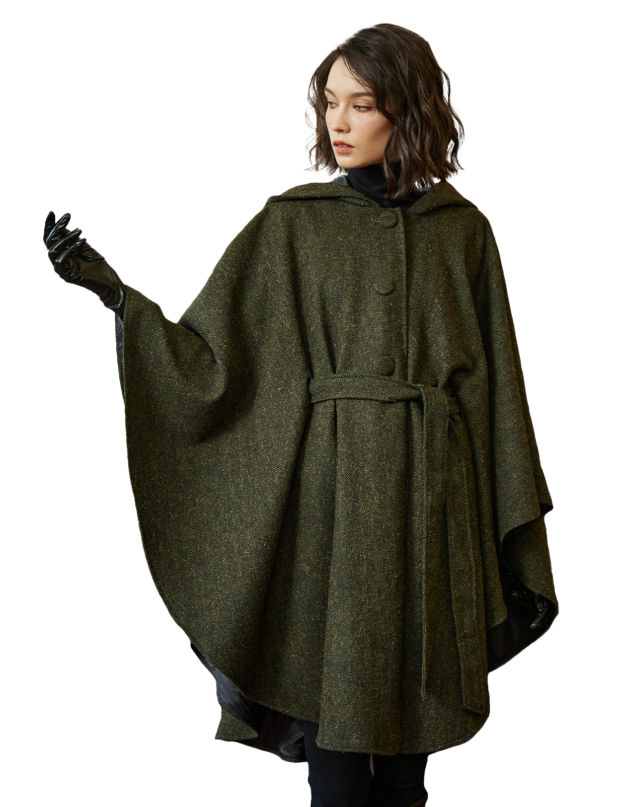 Cape à capuche en tweed pour femme avec ceinture et doublure en satin