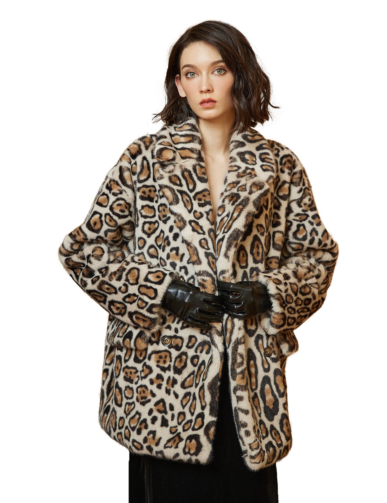 Abrigo extragrande de piel sintética de leopardo para mujer con bolsillos y solapas