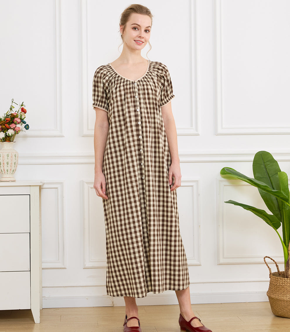 Women's Gingham Cotton Puff Sleeve Midi House Dress with Pockets
