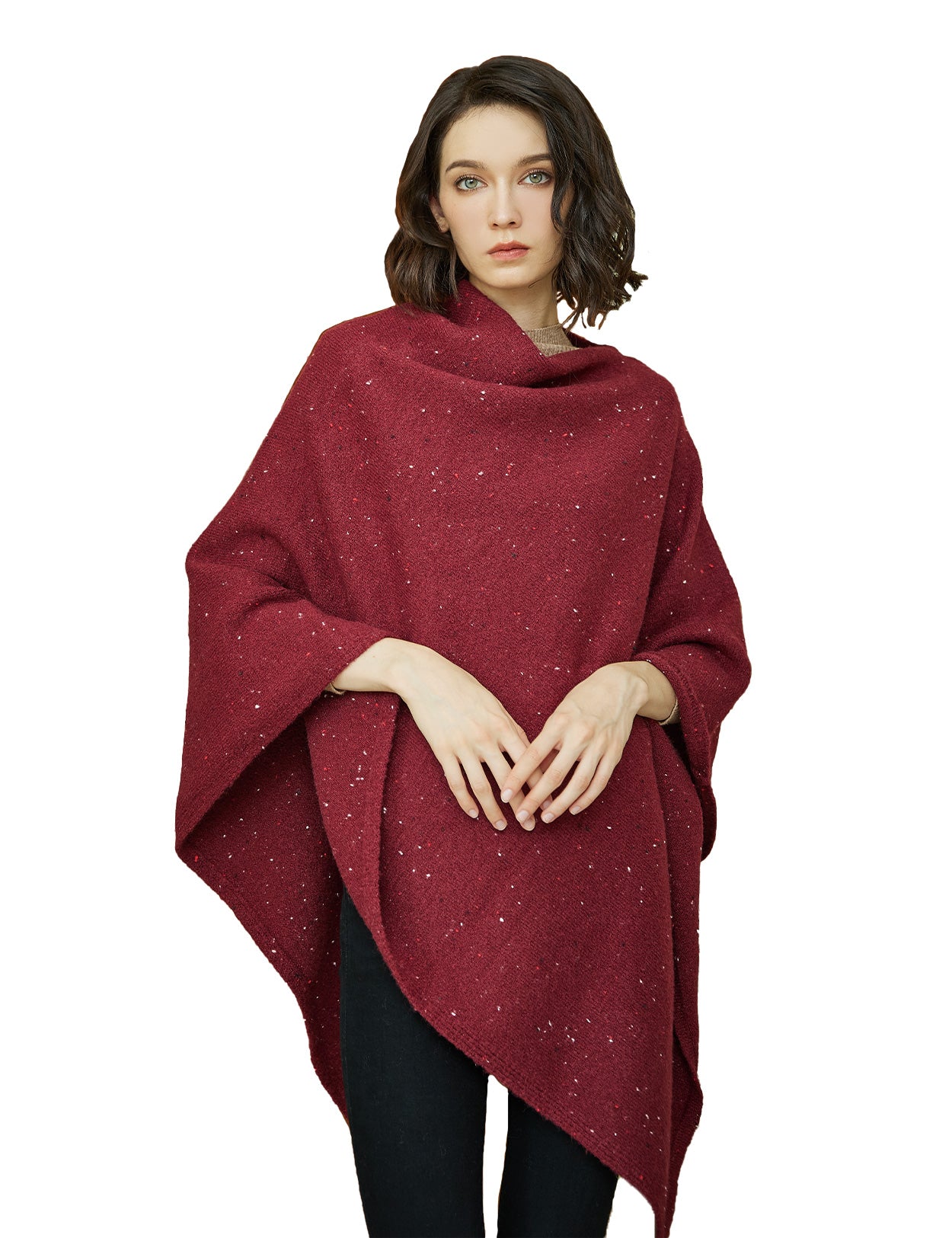 Poncho de punto acogedor con cuello de pelo