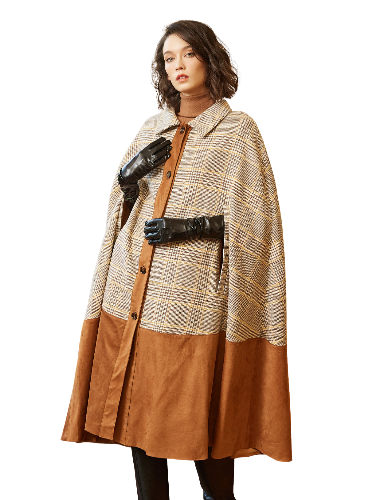 Casaco Capa às Quadrículas em Mistura de Lã para Senhora com Mangas Fendidas e Gola