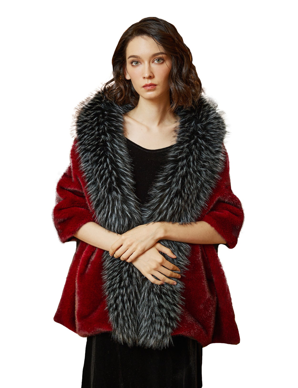 Estola de boda de lujo con ribete de piel sintética de visón y zorro