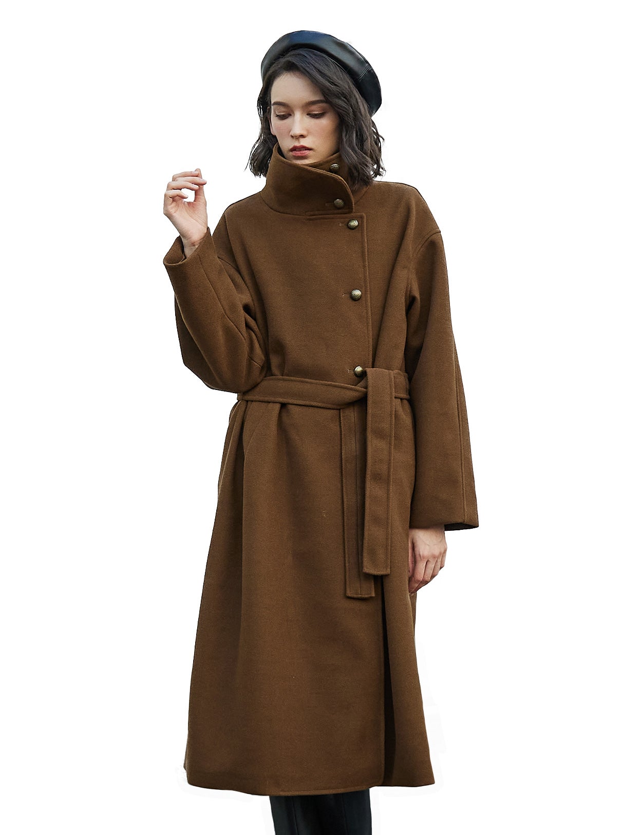 Casaco comprido de lã com cinto e bolsos