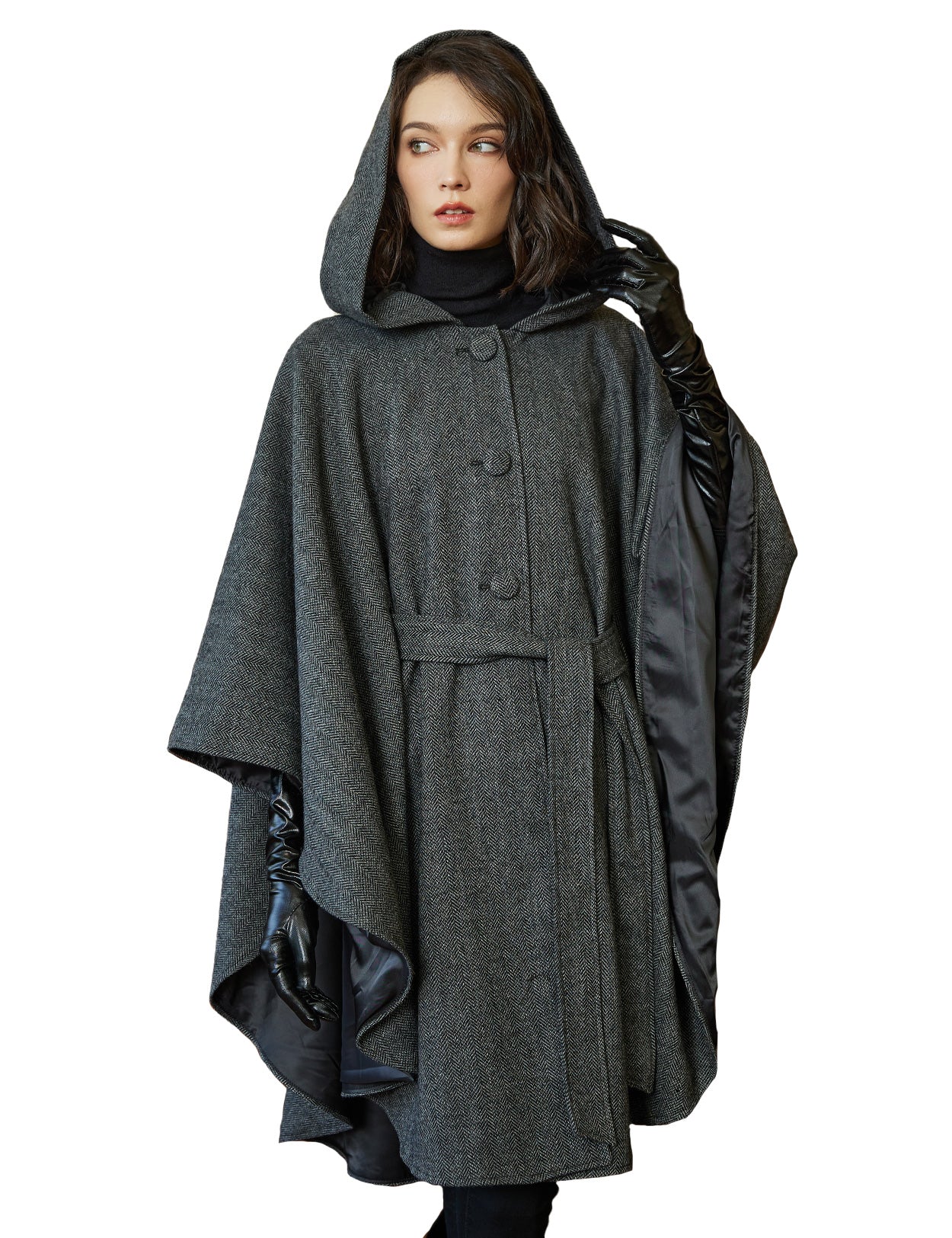 Cape à capuche en tweed pour femme avec ceinture et doublure en satin