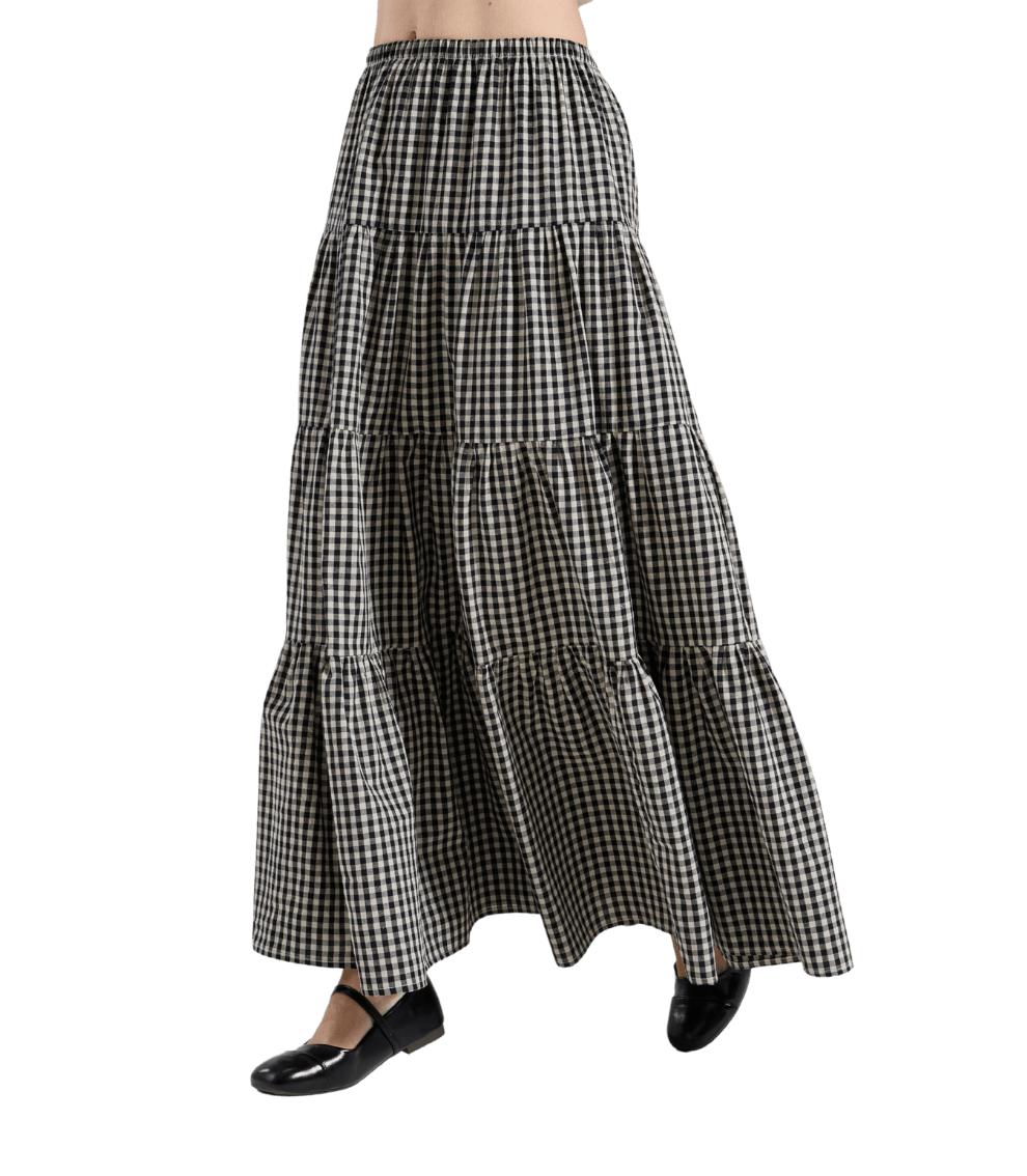 Vintage Plaid 100% Cotton Maxi Skirt with Pockets