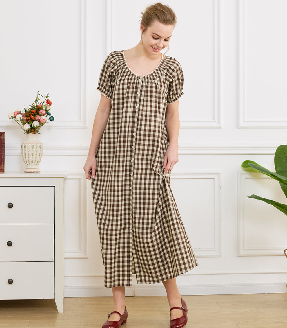 Women's Gingham Cotton Puff Sleeve Midi House Dress with Pockets