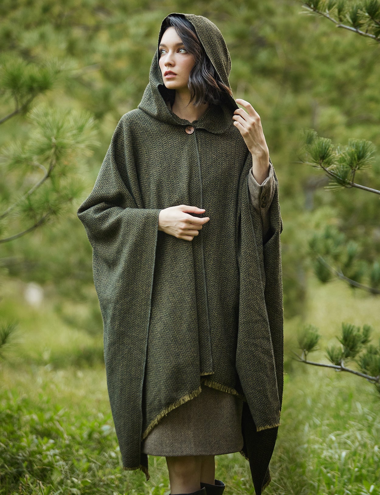 Women's Vintage Open Front Hooded Wool Poncho Cloak