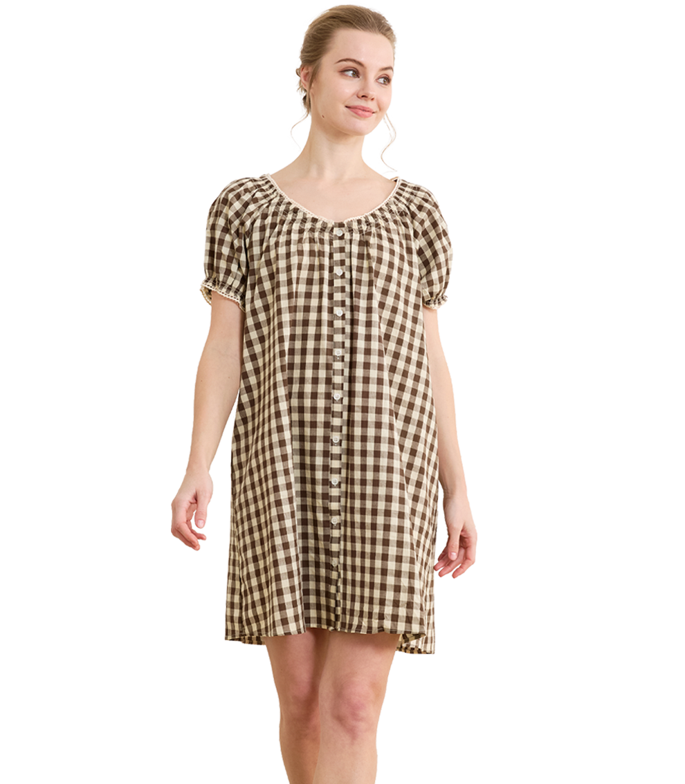 Women's Gingham Cotton Puff Sleeve Midi House Dress with Pockets