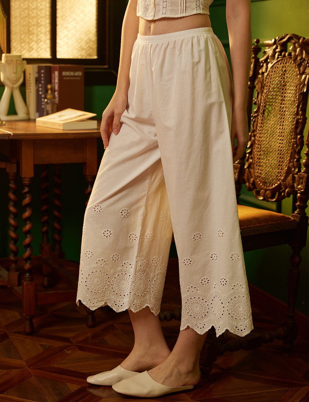 Vintage Cotton Cropped Sleep Shorts Pettipants with Lace Edge