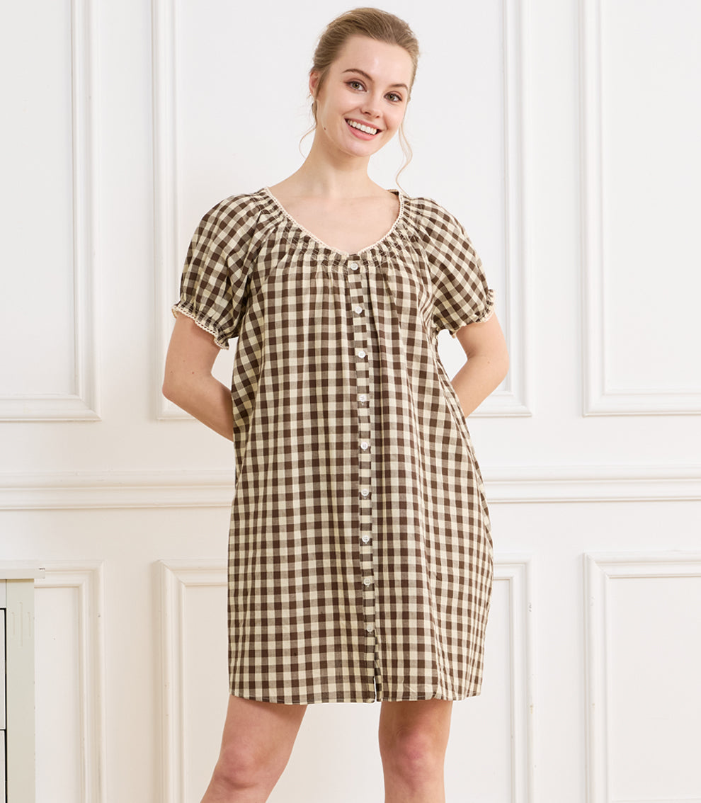 Women's Gingham Cotton Puff Sleeve Midi House Dress with Pockets