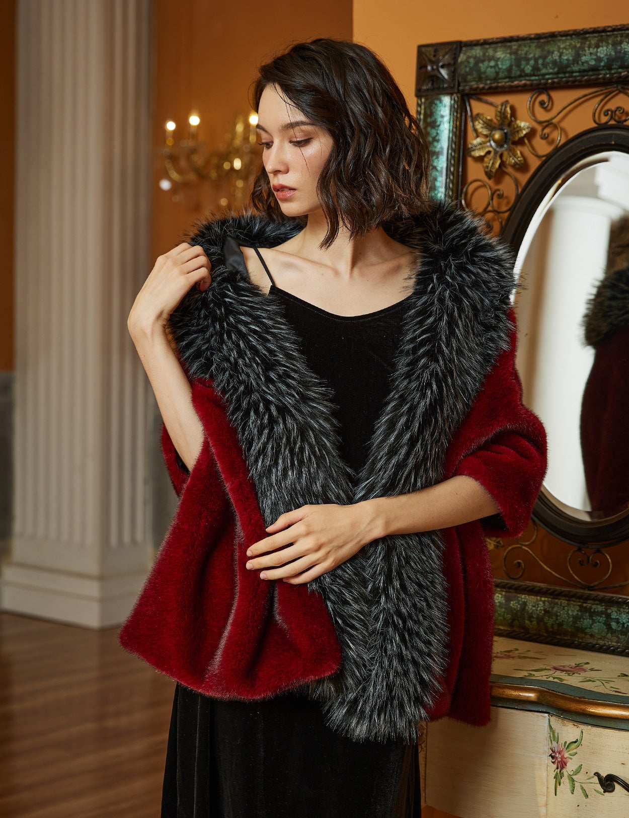 Estola de Casamento Luxuosa com Pêlo Artificial de Visom e Raposa