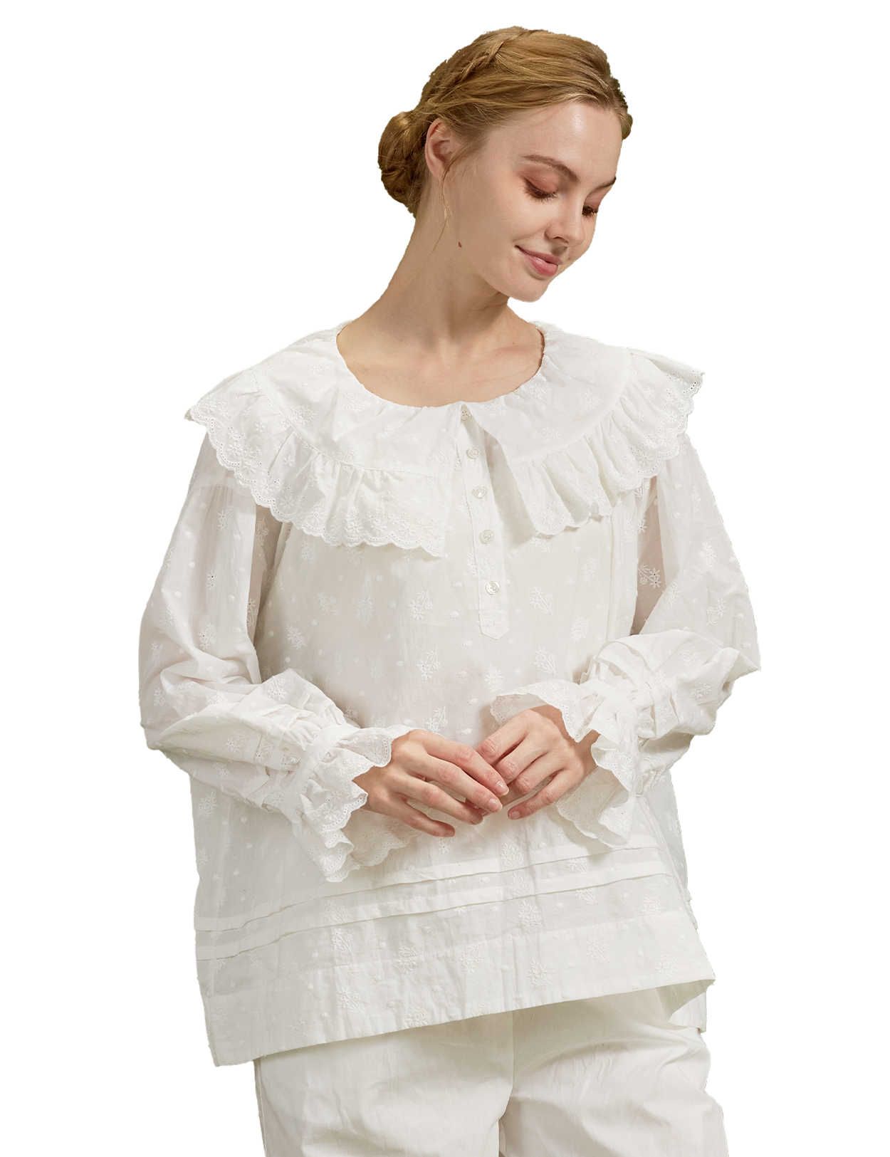 Embossed Floral Cotton Top with Ruffle Collar & Flounced Hem