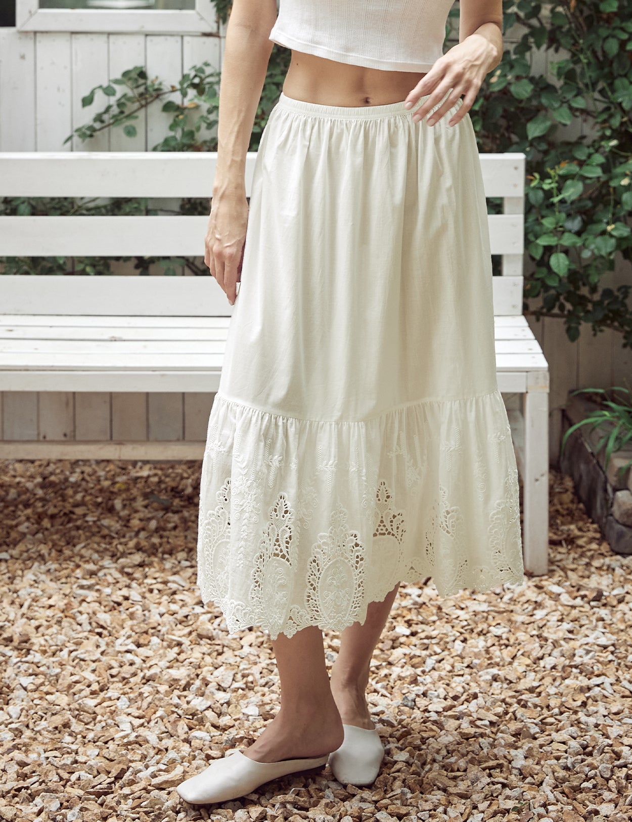 Cream Cotton Slip with Raised Patterns & Lace Cutouts