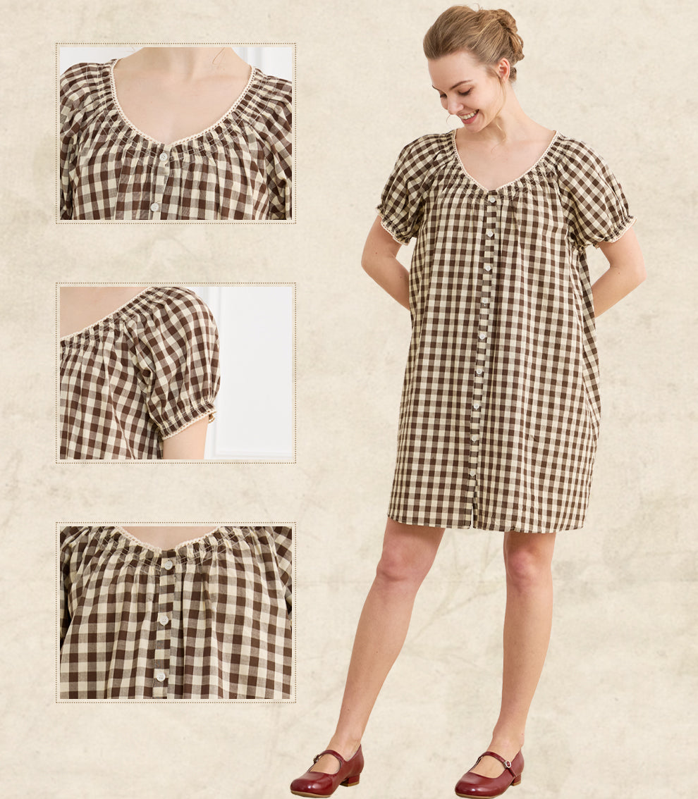 Women's Gingham Cotton Puff Sleeve Midi House Dress with Pockets