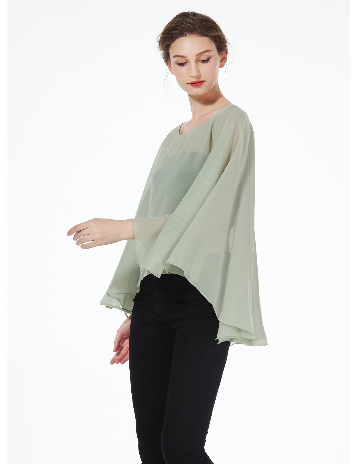 Romantischer Chiffon-Hochzeitsponcho & Cape in Salbeigrün