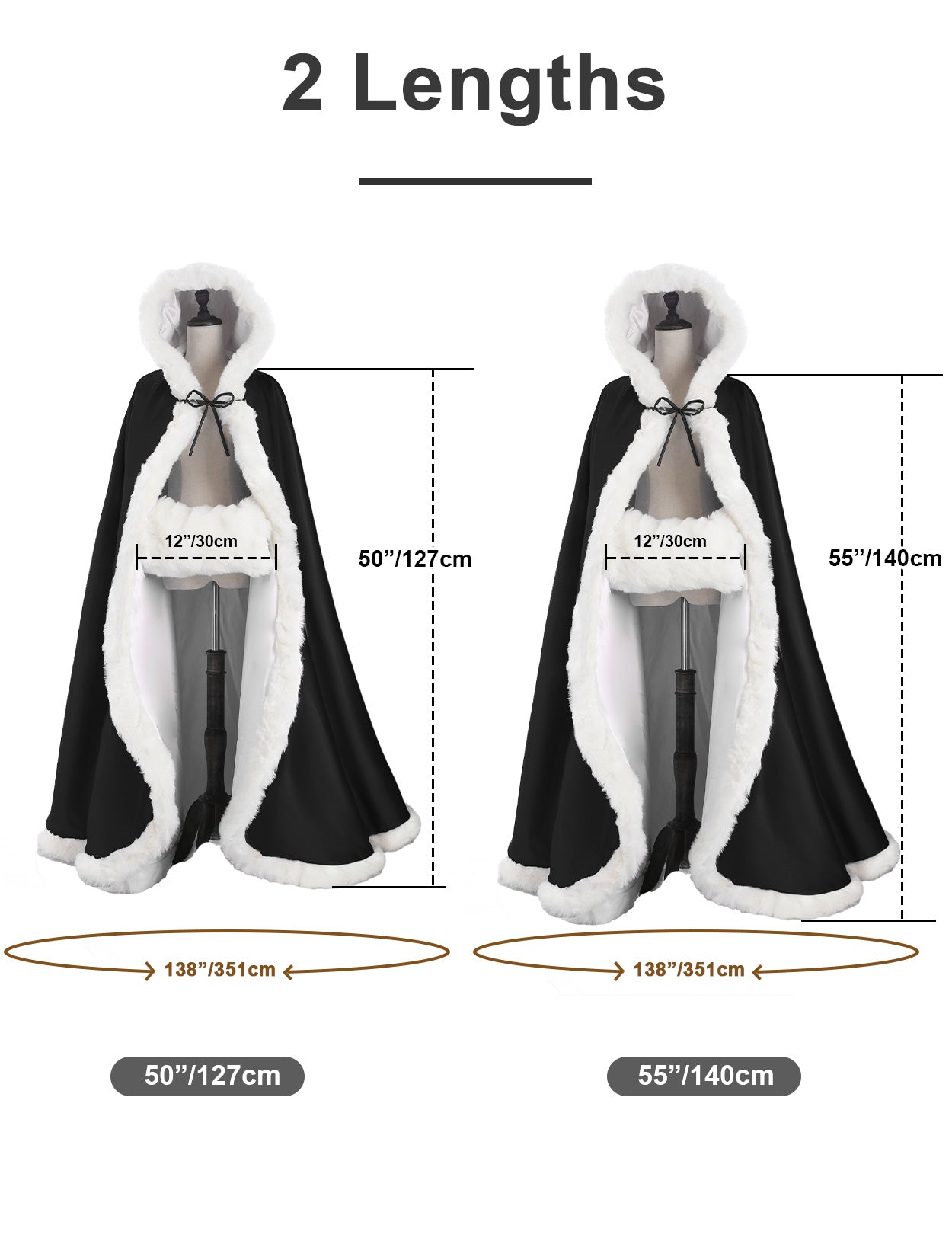 Cape de mariage réversible avec bordure en fourrure et capuche