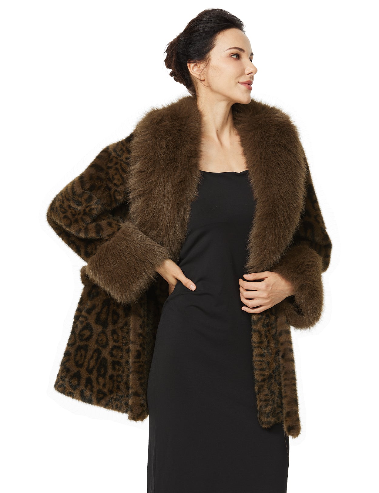Women's Plush Faux Fur Leopard Print Coat with Belt