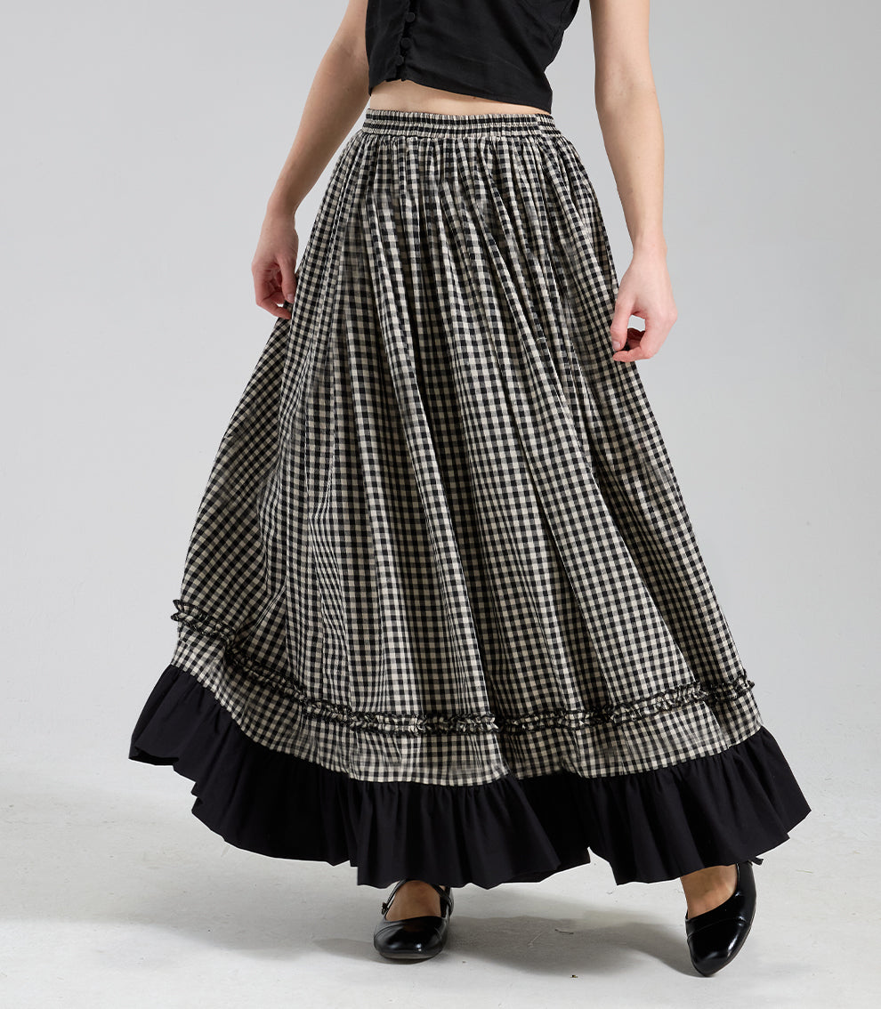 Women's Vintage A-Line Ruffle Skirt Black White Gingham 100% Cotton