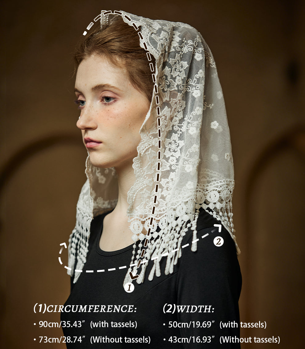 Voile d'Église Ivoire avec Broderie Florale et Longs Franges