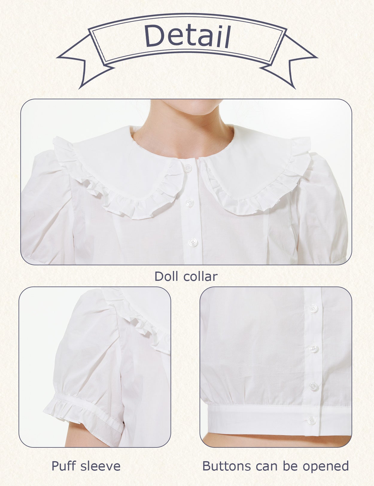 100% Cotton Vintage French Crop Top with Peter Pan Collar & Puff Sleeve
