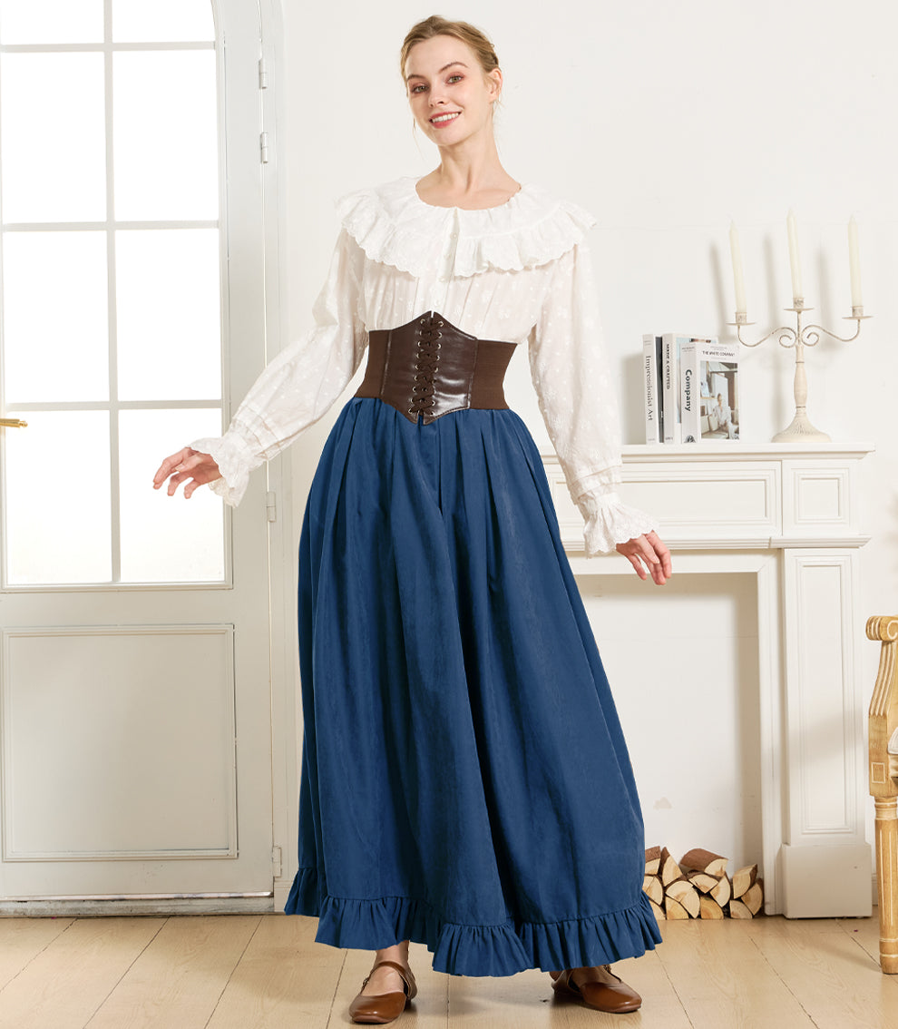 Gothic Victorian Long Skirt for Women, Peach with Ruffle Hem & Pockets