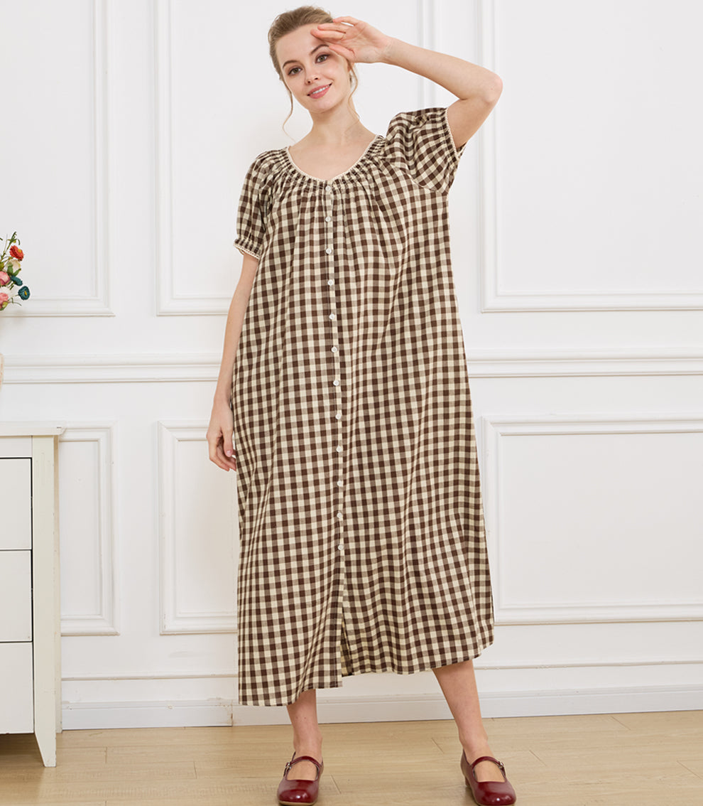 Women's Gingham Cotton Puff Sleeve Midi House Dress with Pockets