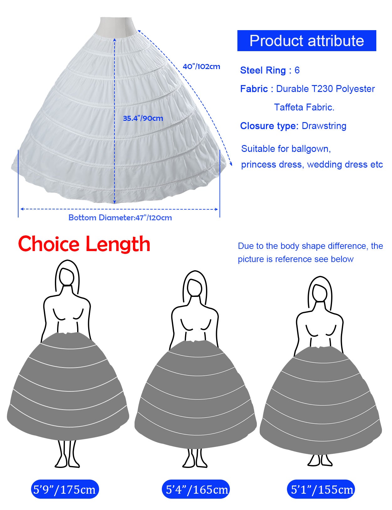 Crinoline trapèze à 6 cerceaux pour robes de mariée longues au sol