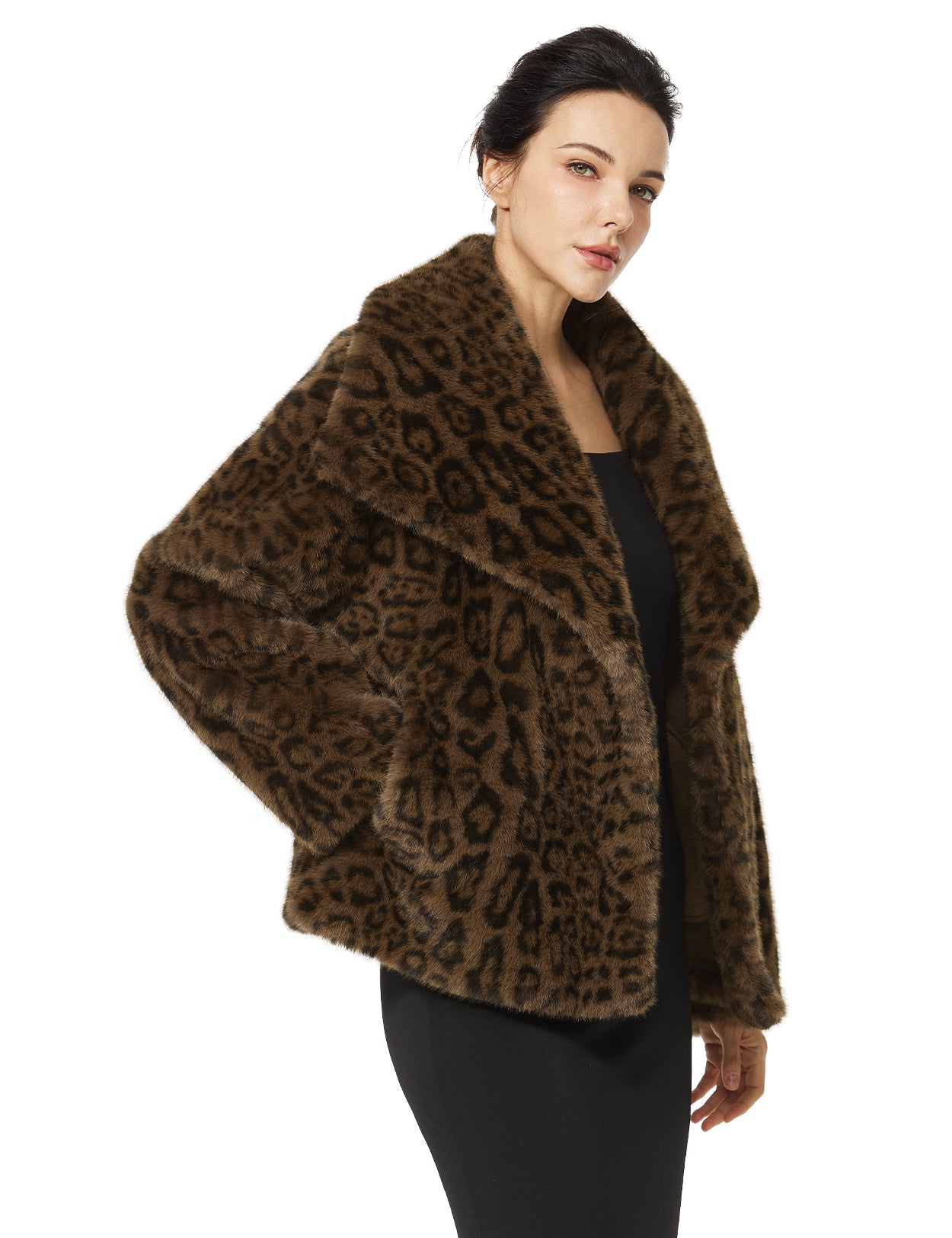 Leopard Faux Fur Cropped Coat - Fluffy Lapel Winter Jacket with Pockets