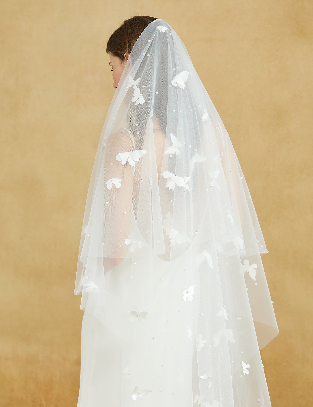 Elegant Cathedral Wedding Veil with Pearl Blusher & Butterfly Details