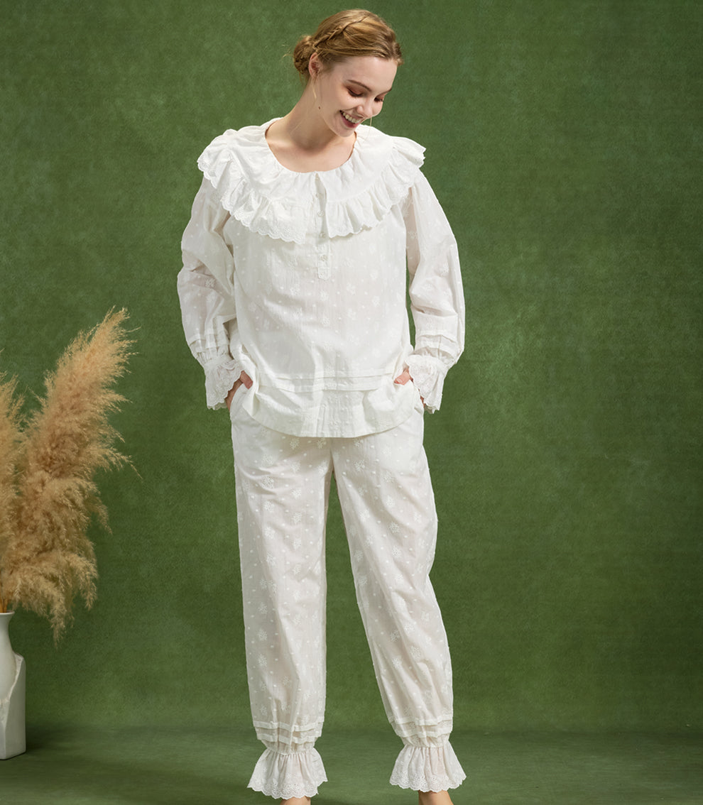 Pantalon à ourlet ourlet ourlet 100 % coton brodé de fleurs