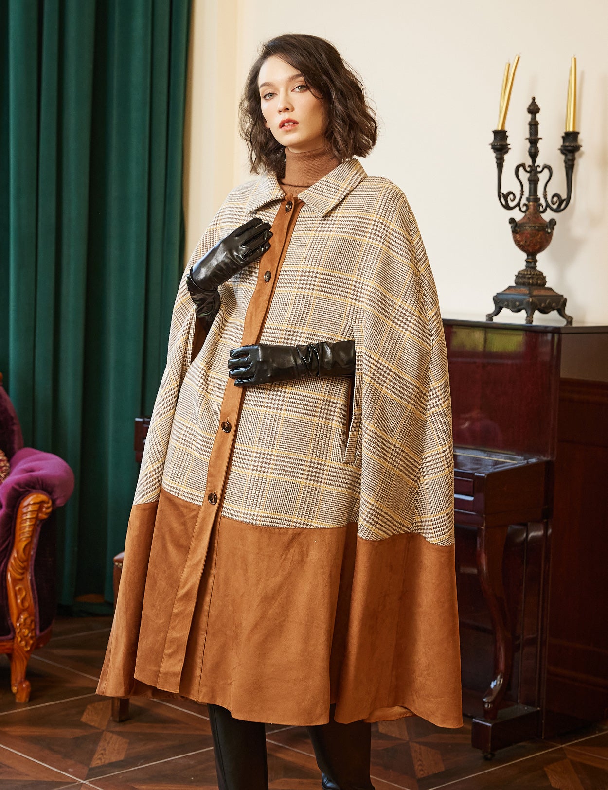 Capa de cuadros de mezcla de lana para mujer con mangas y cuello con aberturas