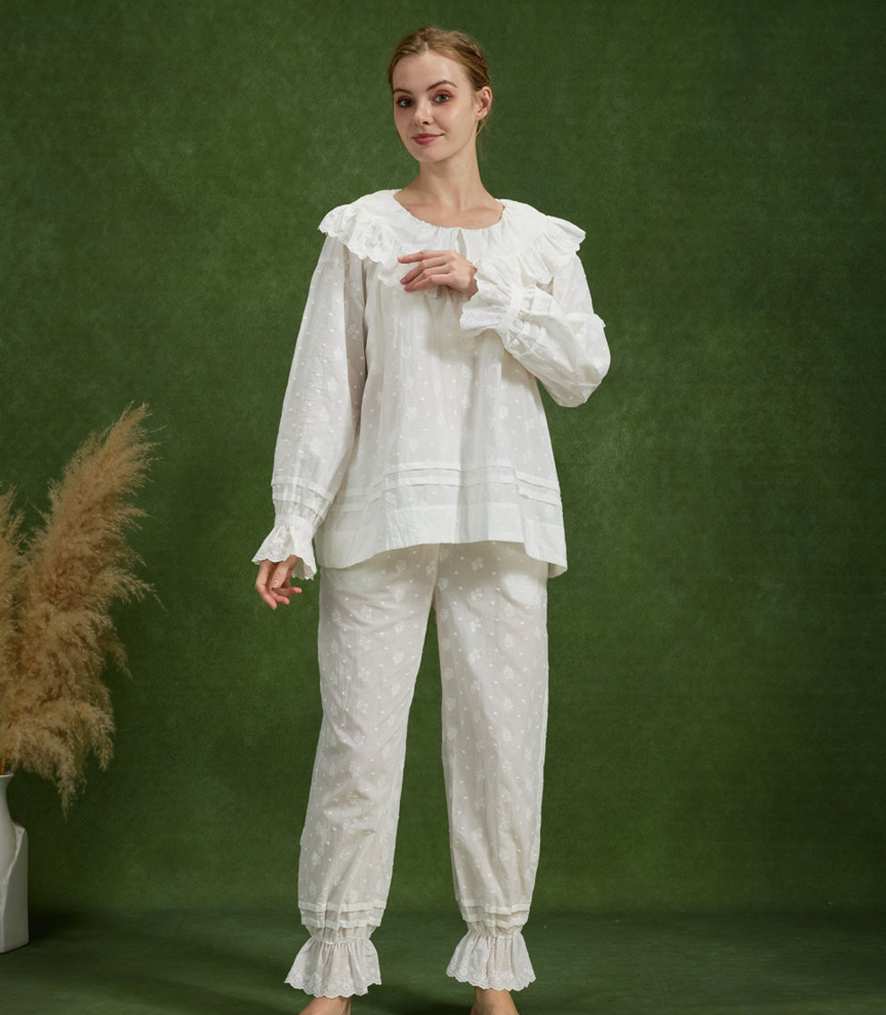 Pantalon à ourlet ourlet ourlet 100 % coton brodé de fleurs