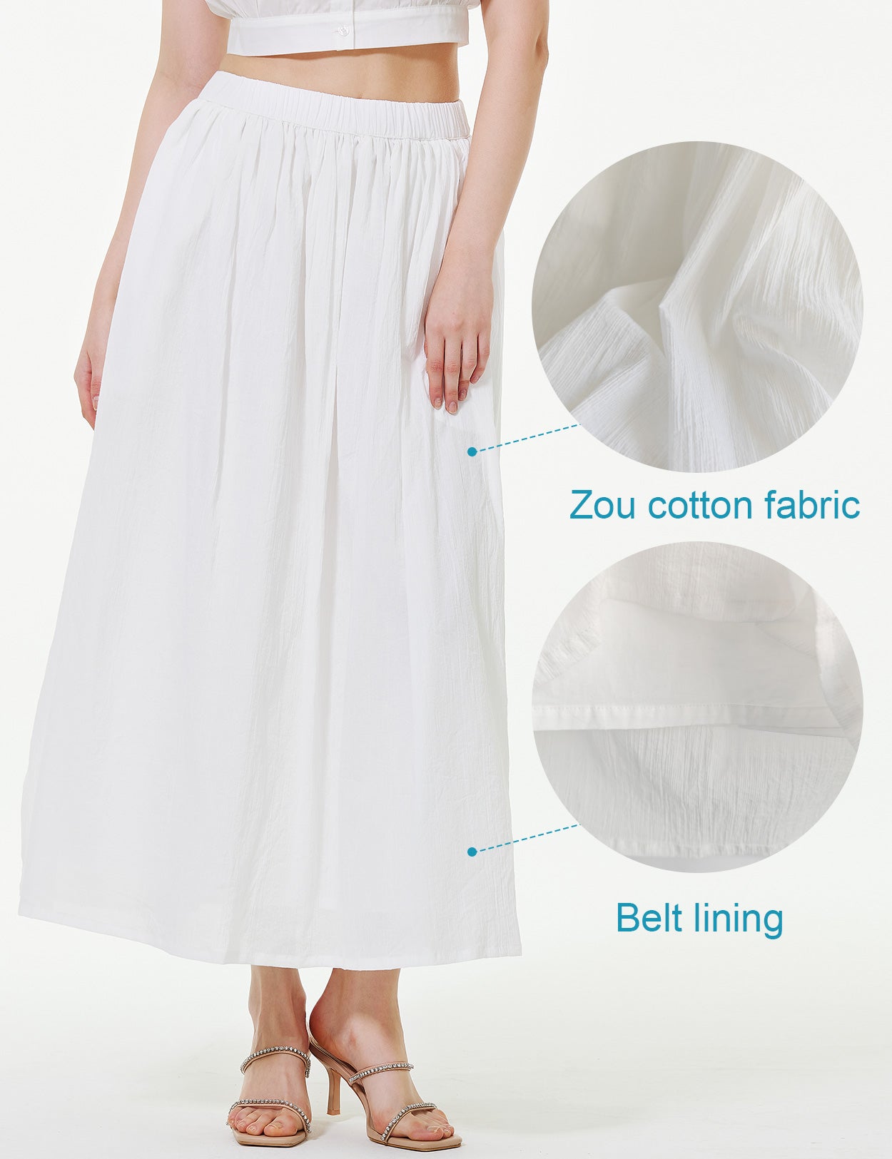 Cotton Maxi Skirt with Pockets & Elastic Waistband - White or Beige
