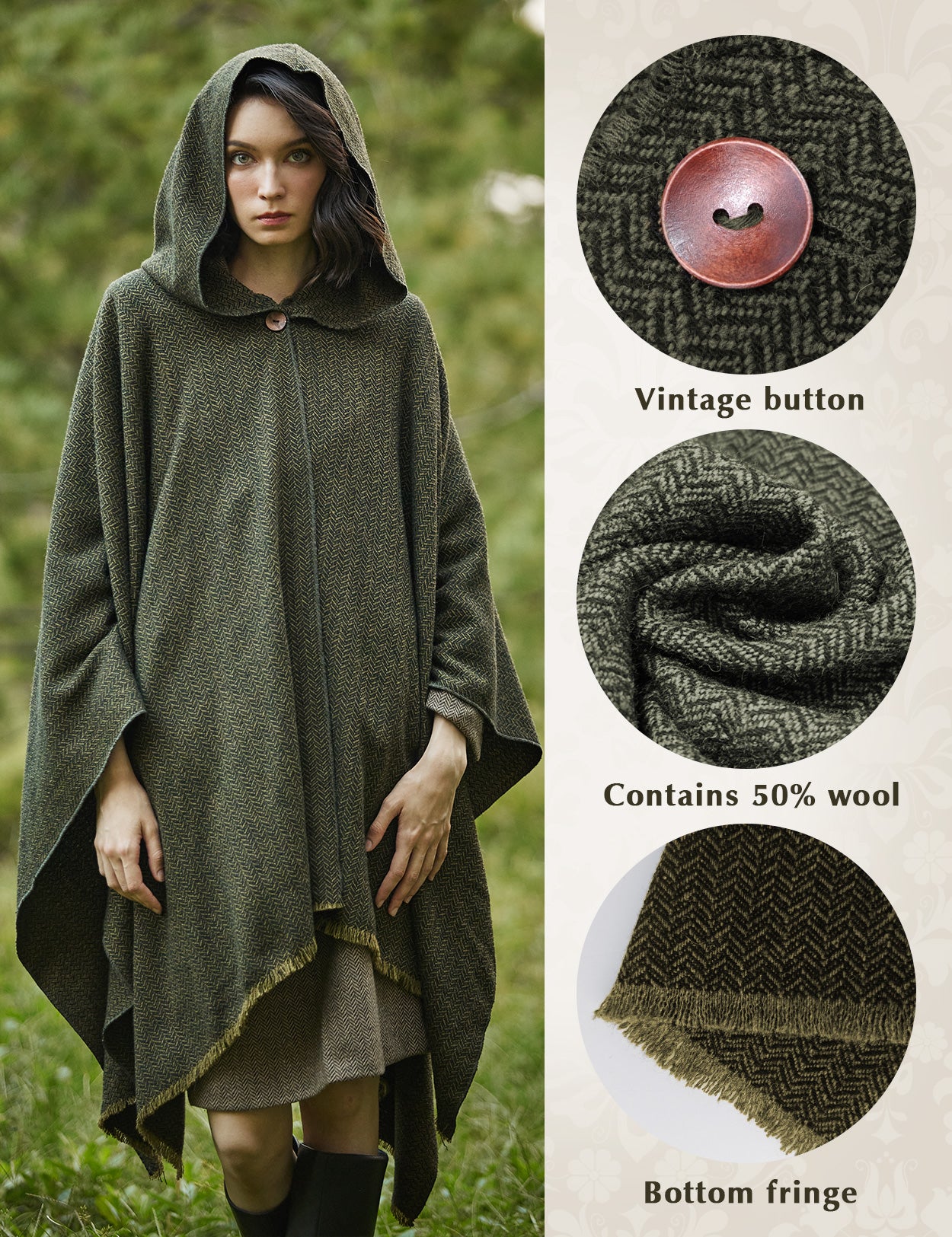 Women's Vintage Open Front Hooded Wool Poncho Cloak