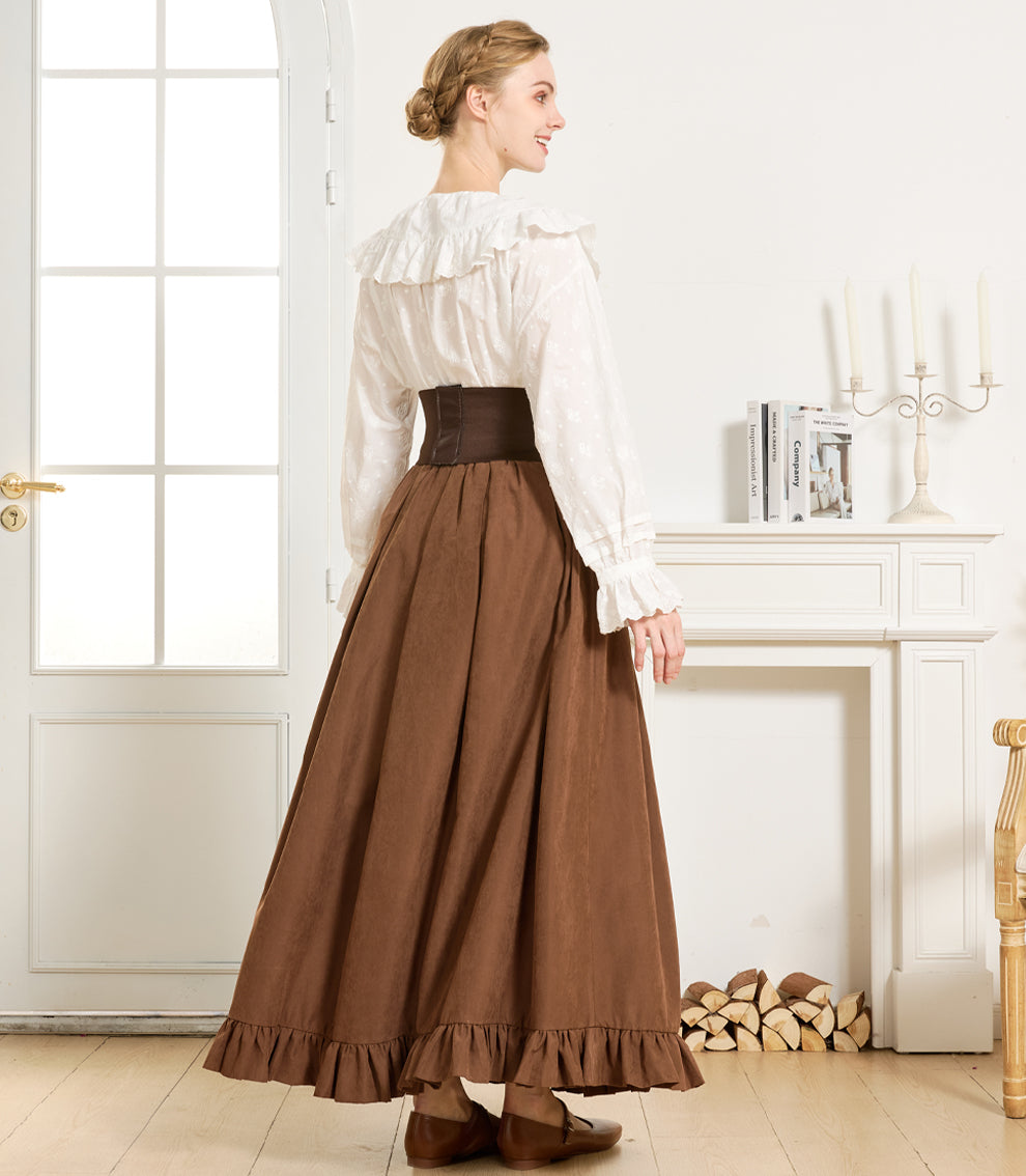 Gothic Victorian Long Skirt for Women, Peach with Ruffle Hem & Pockets