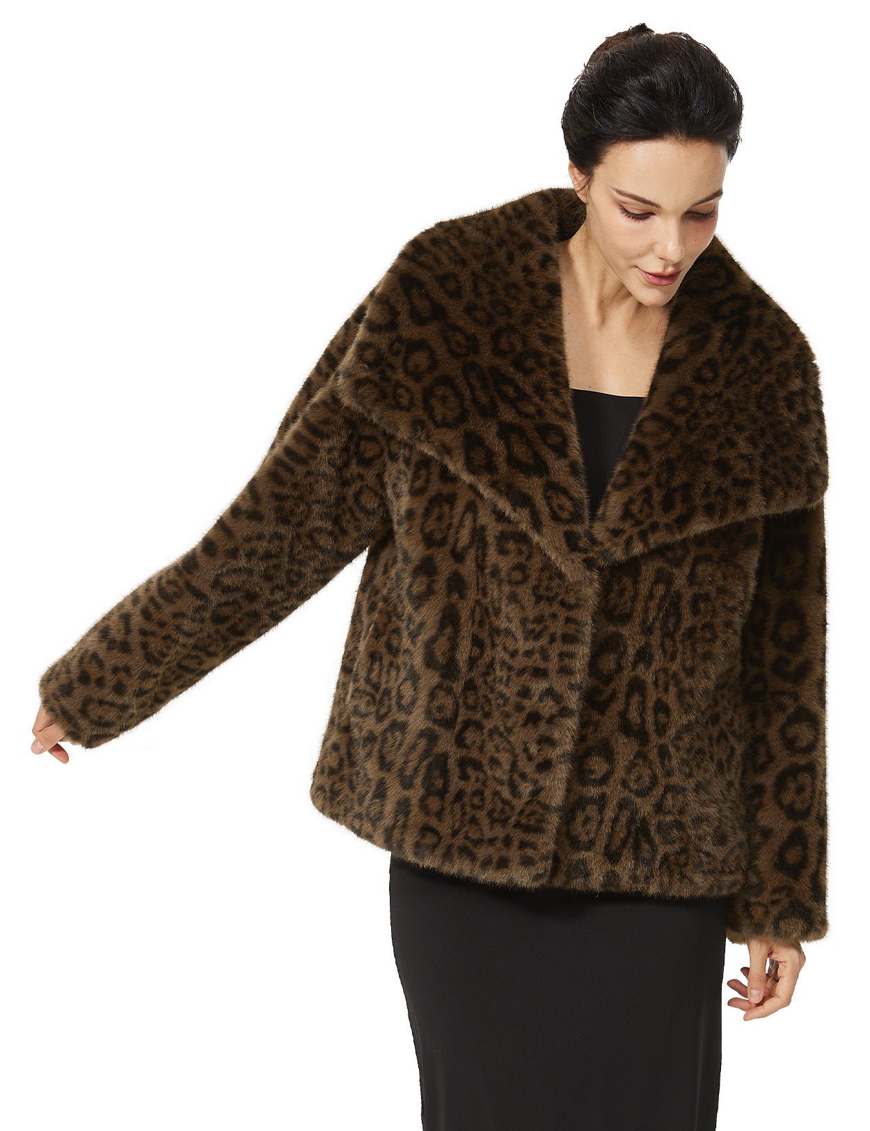 Leopard Faux Fur Cropped Coat - Fluffy Lapel Winter Jacket with Pockets