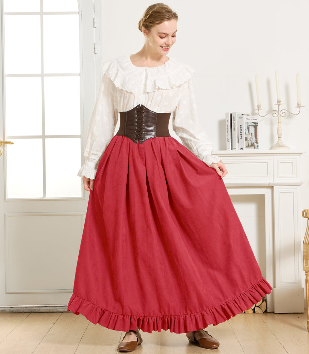 Gothic Victorian Long Skirt for Women, Peach with Ruffle Hem & Pockets