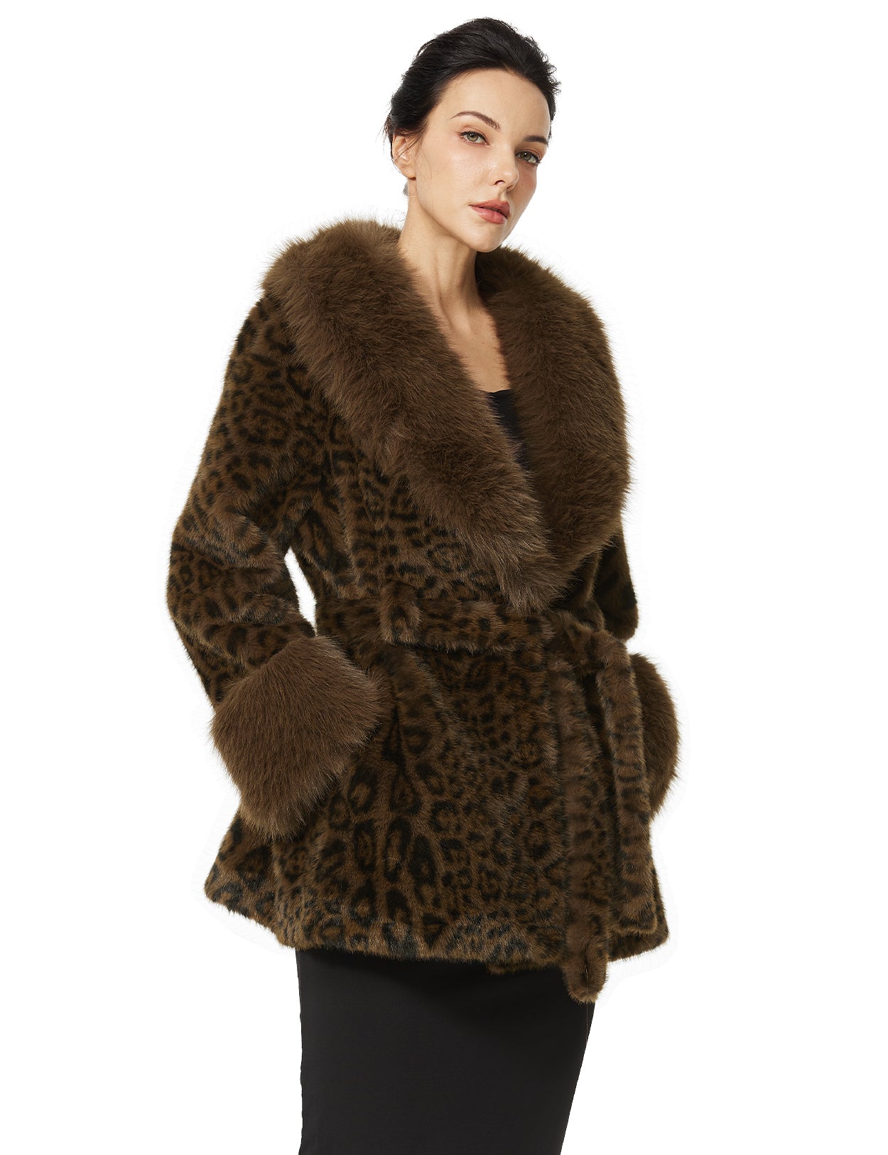Women's Plush Faux Fur Leopard Print Coat with Belt