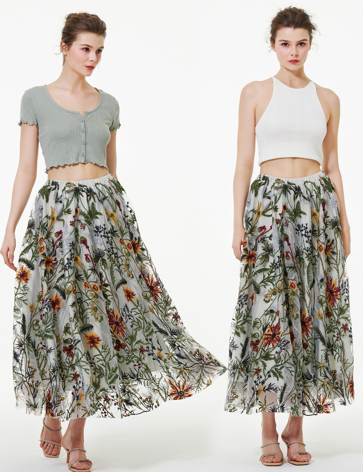 Bestickter Maxirock mit Blumenmuster und Taschen – Tüllrock in A-Linie mit hohem Bund