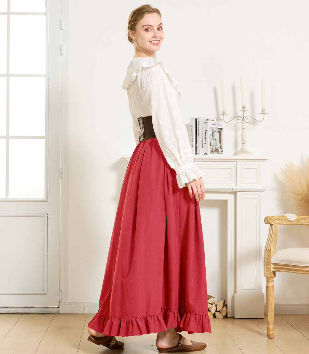 Gothic Victorian Long Skirt for Women, Peach with Ruffle Hem & Pockets