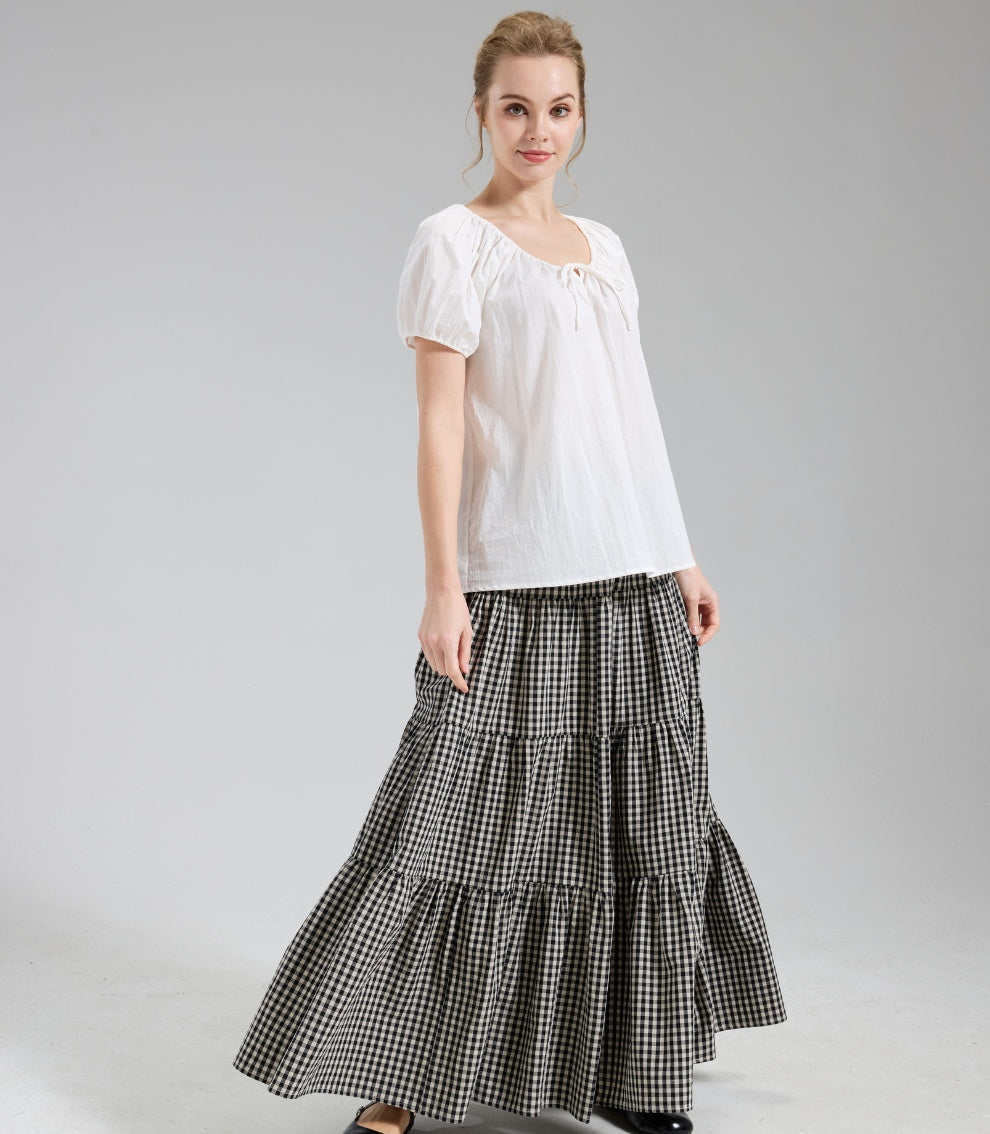 Vintage Plaid 100% Cotton Maxi Skirt with Pockets