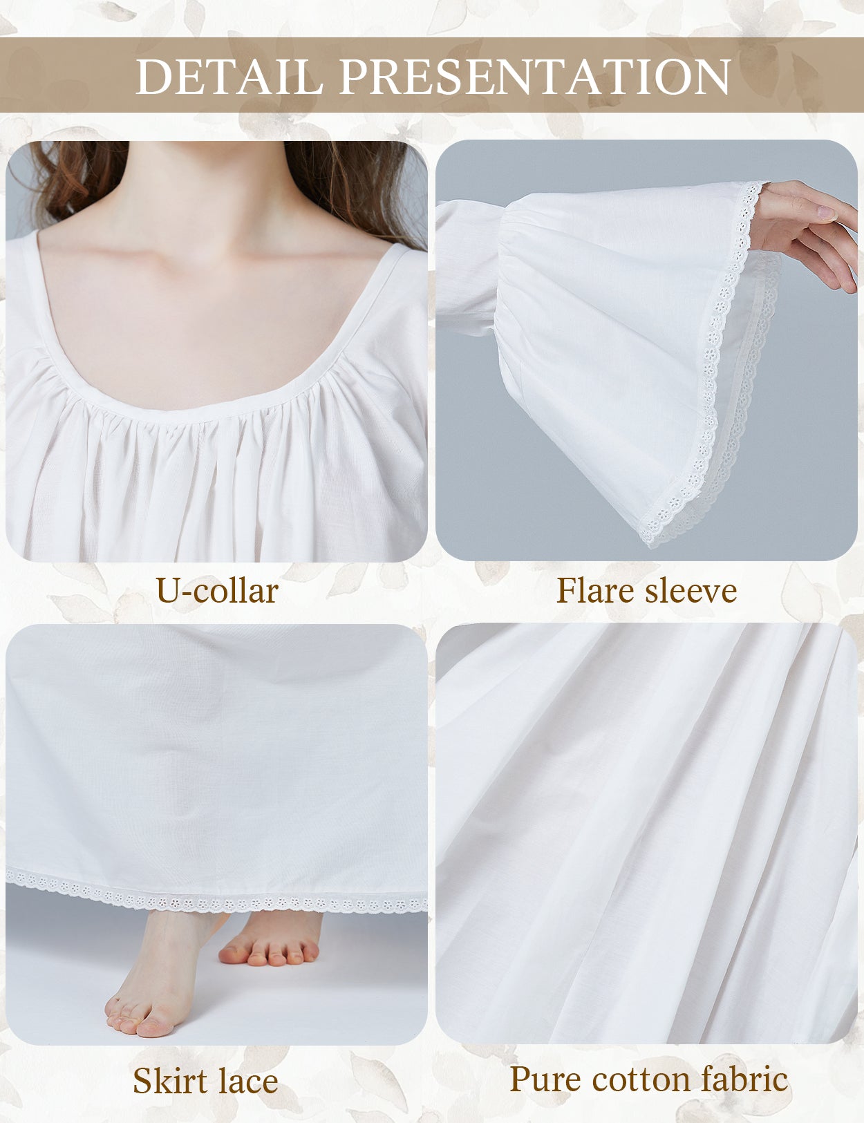 Victorian Cotton Nightgown for Women with Long Bell Sleeve
