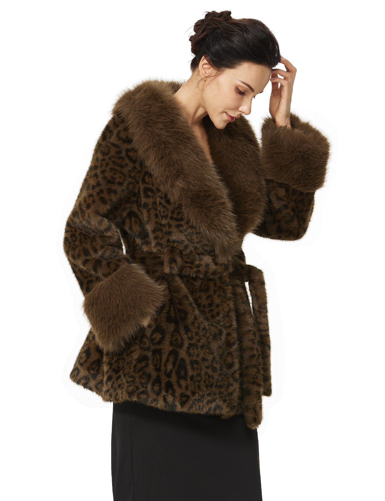 Women's Plush Faux Fur Leopard Print Coat with Belt