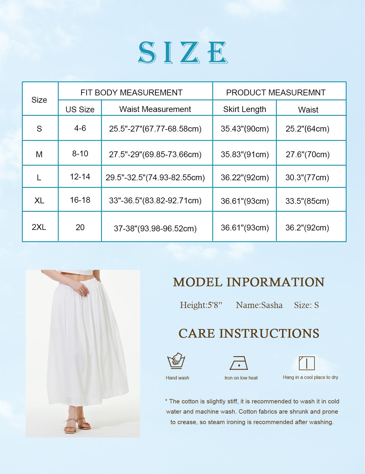 Cotton Maxi Skirt with Pockets & Elastic Waistband - White or Beige