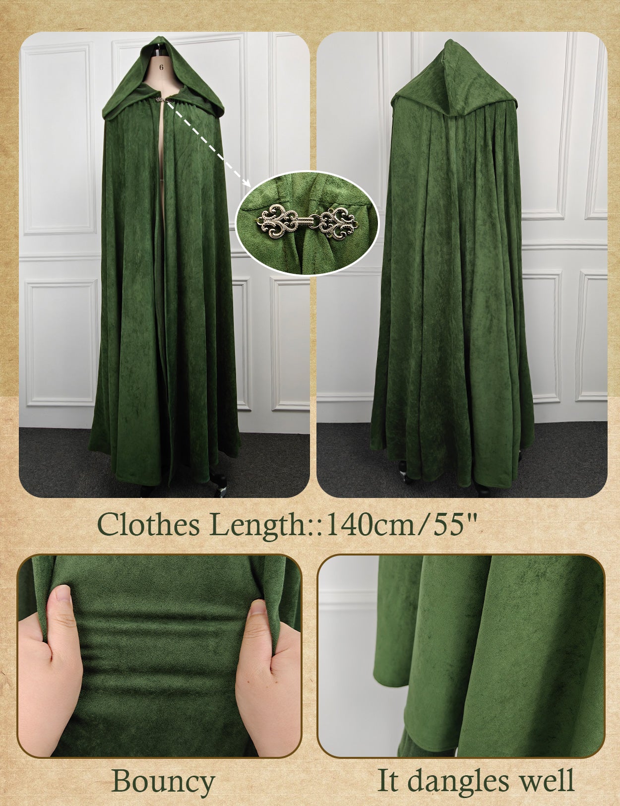 Cape à capuche médiévale pour Halloween, cosplay, cape en daim