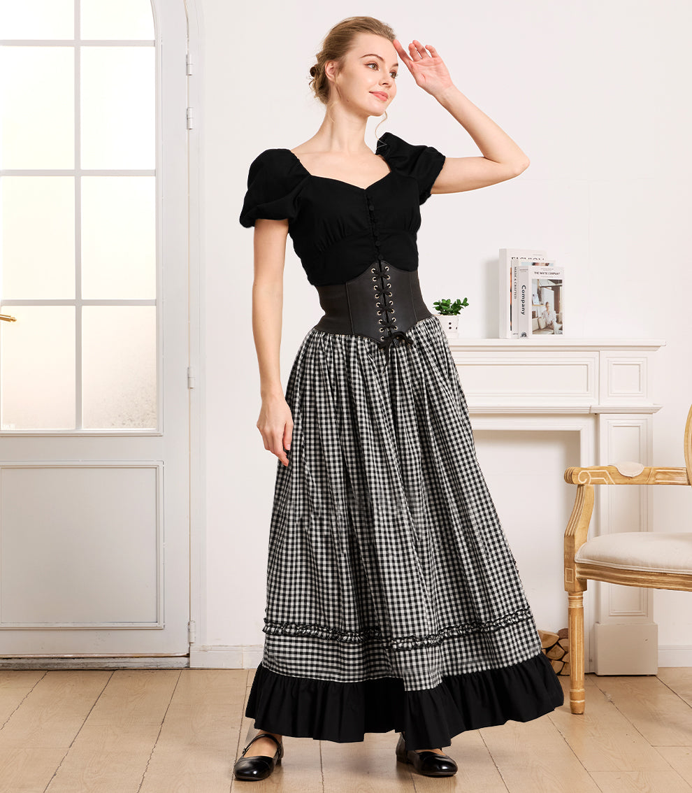 Women's Vintage A-Line Ruffle Skirt Black White Gingham 100% Cotton